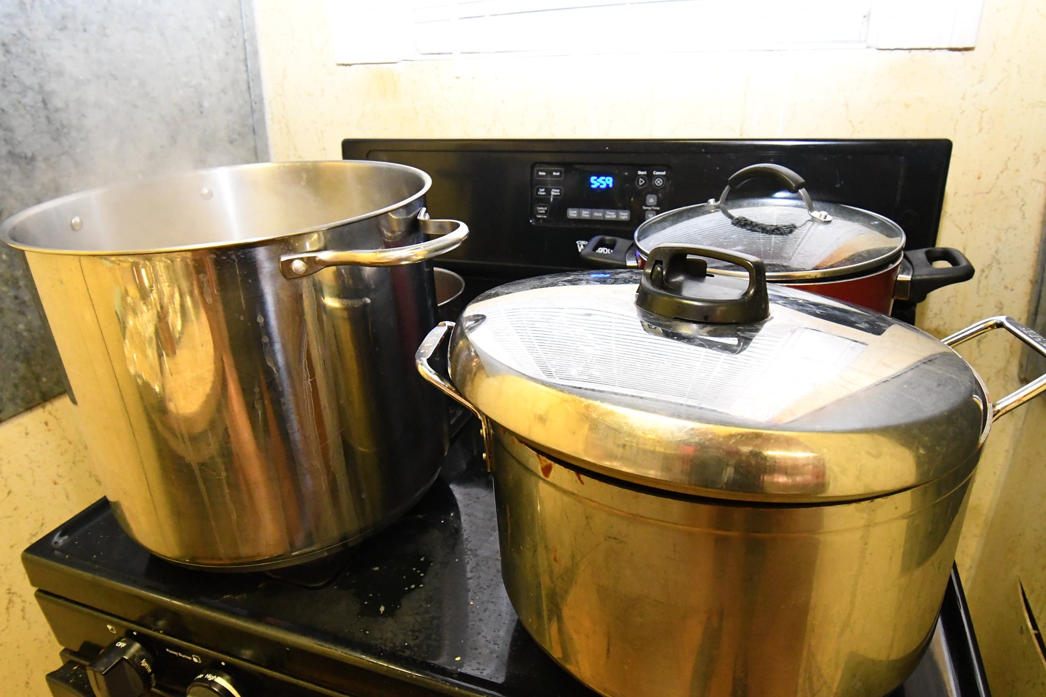 Commercial kitchen with large stockpots
