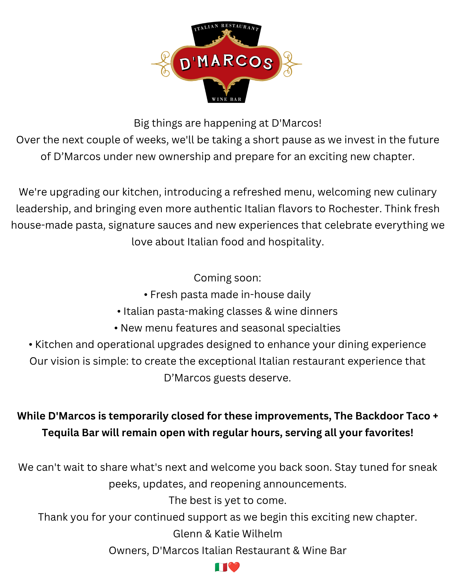 D'Marcos transition announcement graphic from the official site